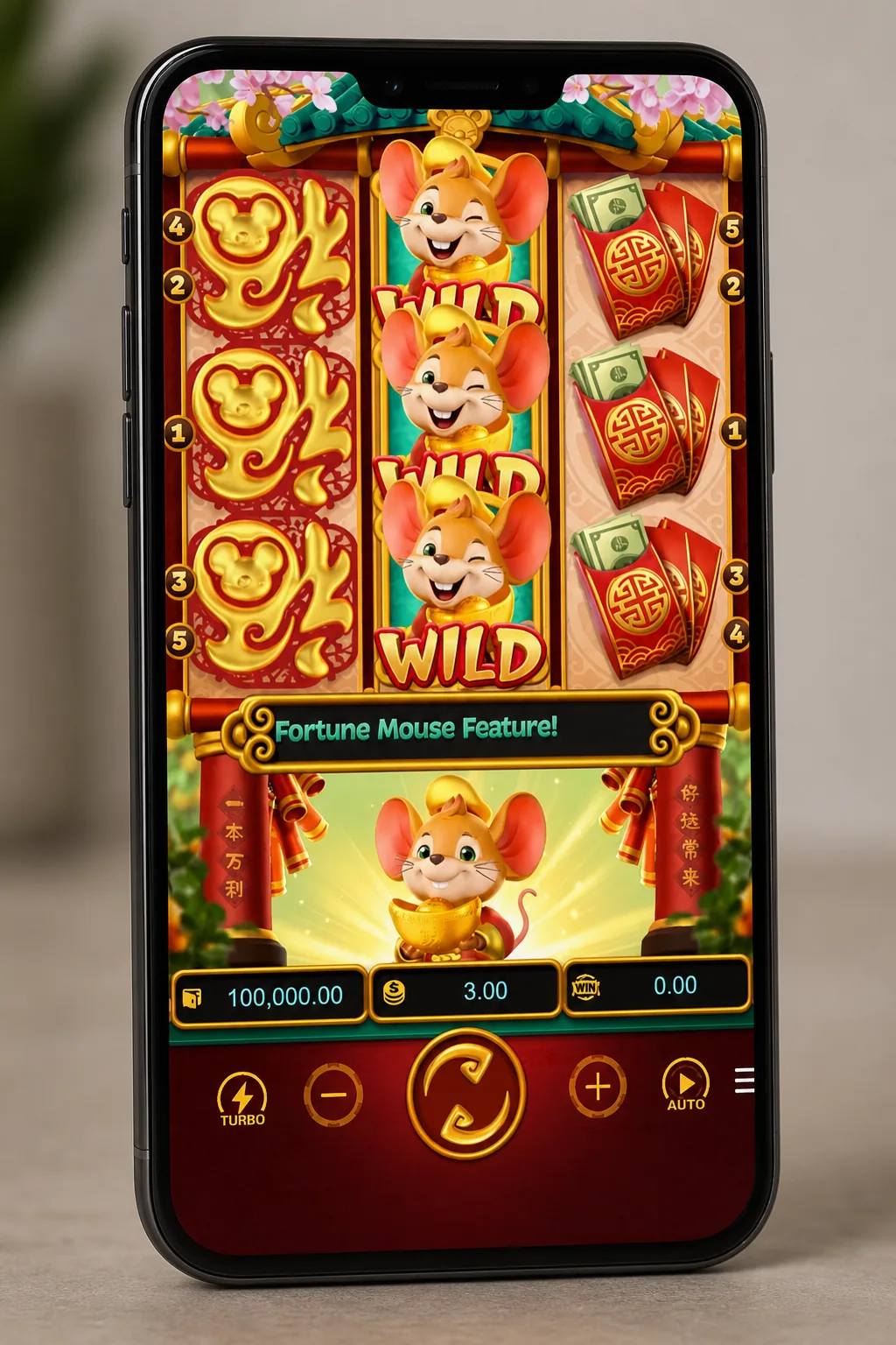Fortune Mouse screenshot - reels with mouse and gold coin symbols during a spin